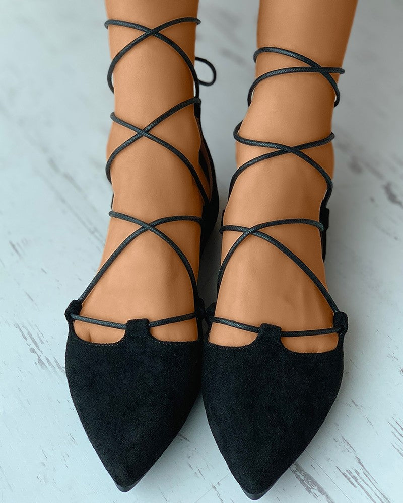 flowersverse Pointed Toe Suede Strappy Slip-On Flats