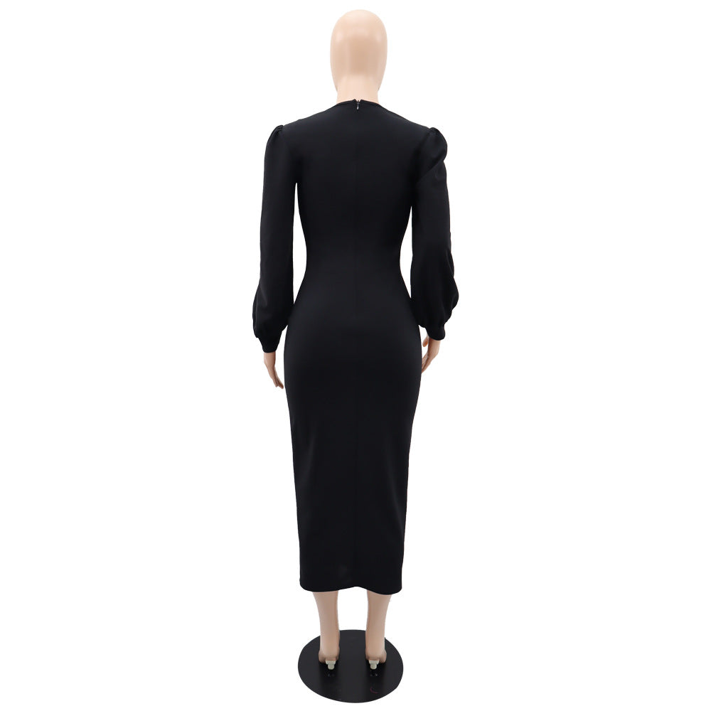 flowersverse Cutout Chic Long Sleeve Solid Color Ladies Slit Spring Summer Bodycon Dress