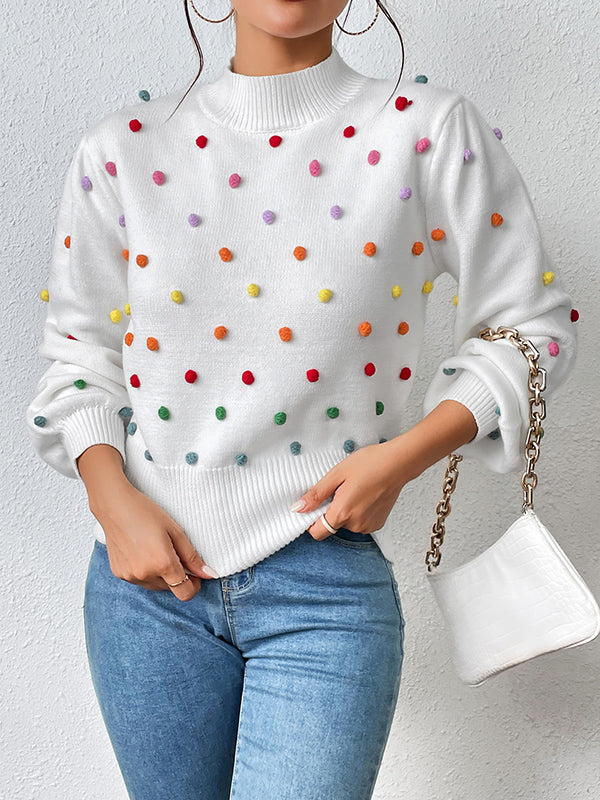 flowersverse Pompom Triming Long Sleeves Loose Round-Neck Sweater Tops Pullovers Knitwear