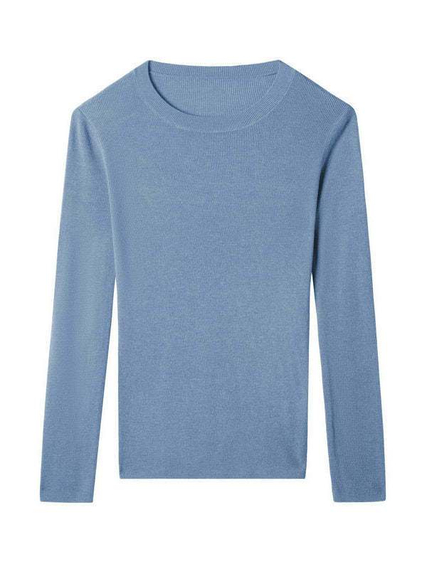 flowersverse Solid Color Long Sleeves Skinny Round-Neck Sweater Tops Pullovers Knitwear