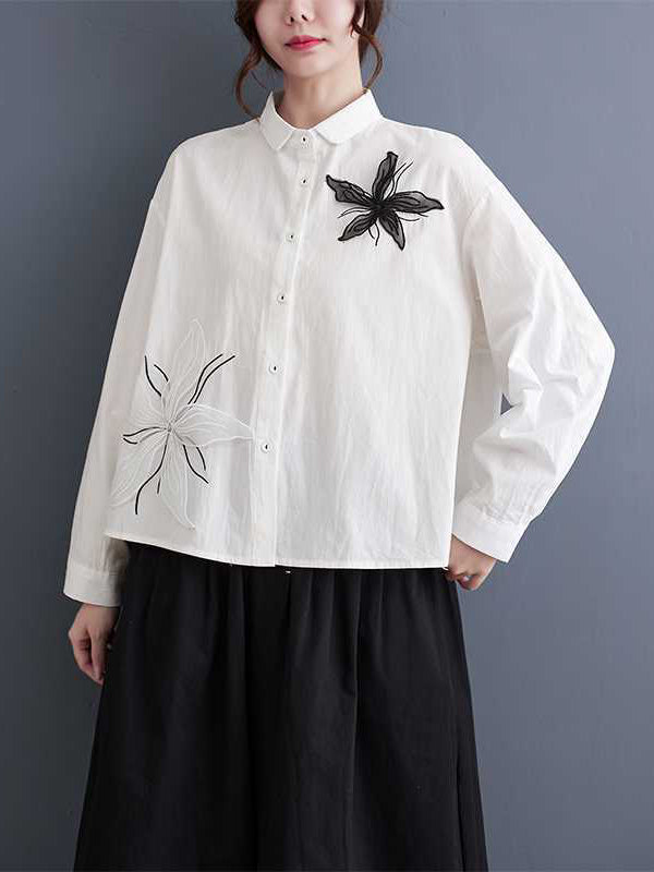 flowersverse Applique Buttoned Embroidered Long Sleeves Loose Lapel Blouses&Shirts Tops