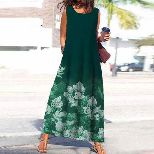 flowersverse Women's Casual Dress Shift Dress Long Dress Maxi Dress Navy Blue Blue Green Sleeveless Floral Print Spring Summer U Neck Vacation S M L XL XXL 3XL