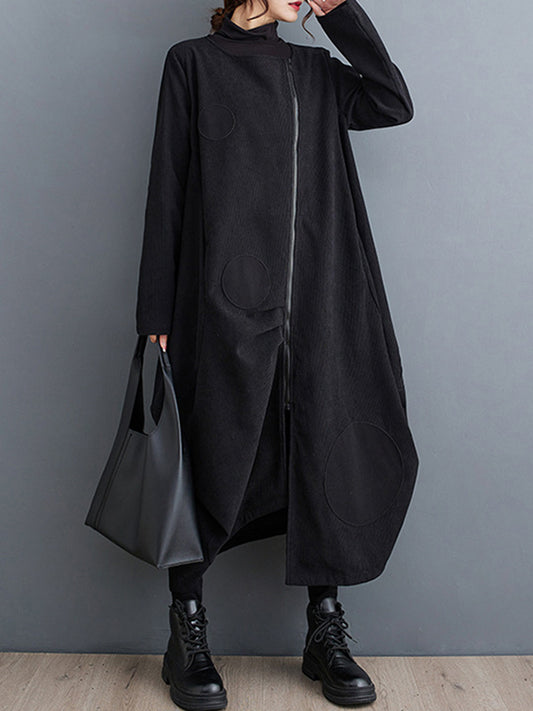 flowersverse Asymmetric Pleated Polka-Dot Split-Joint Zipper Long Sleeves Loose High-neck Outerwear Midi Dresses