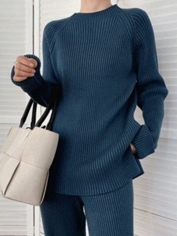 flowersverse Urban Loose Solid Round-Neck Split-Side Sweater& Wide Leg Pants Suits