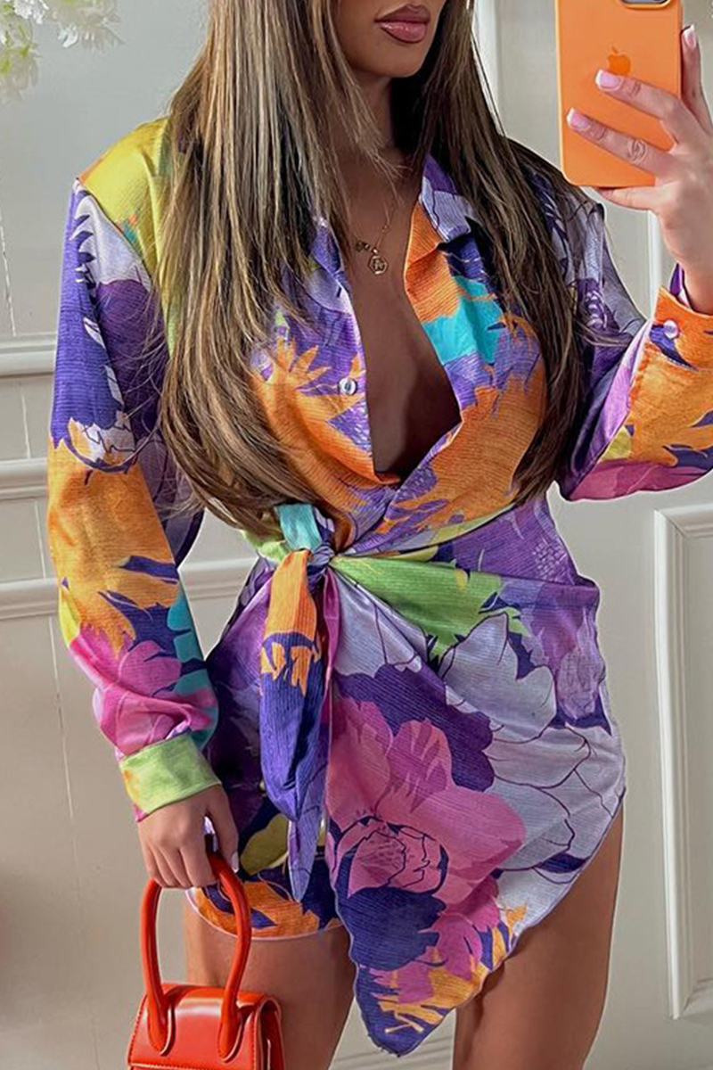 flowersverse Casual Print Patchwork Turndown Collar Shirt Dress Dresses(5 Colors)