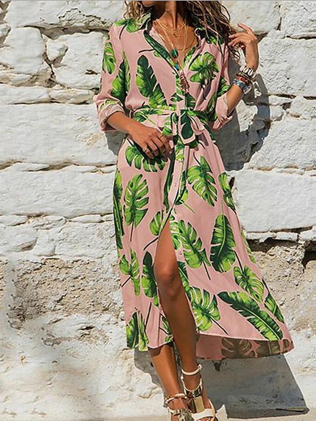 flowersverse Women's A-Line Dress Maxi Long Dress Half Sleeve Print Cotton White Purple Yellow Blushing Pink
