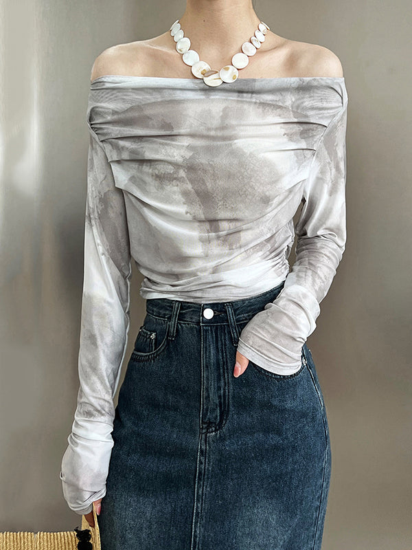 flowersverse Gauze Pleated Split-Joint Tie-Dyed Skinny Sun-Protection Off-The-Shoulder Blouses&Shirts Tops