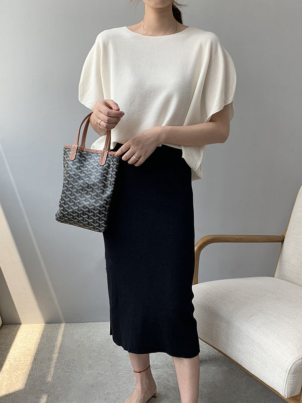flowersverse Solid Color Half Sleeves Loose Off-The-Shoulder Sweater Tops Pullovers Knitwear