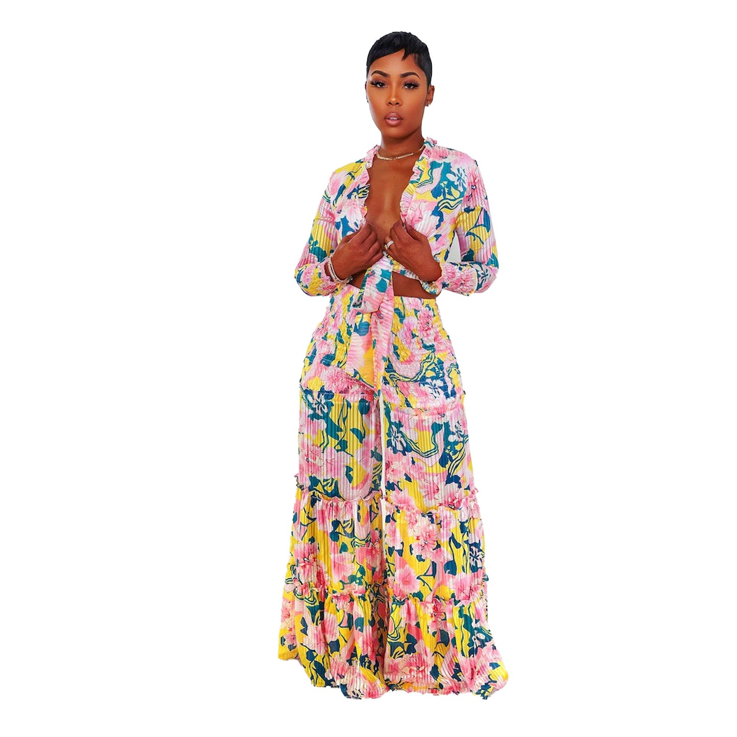 flowersverse Sexy Printed Pleated Long Sleeve Lace-Up Top Wide Leg Pants Plus Size Two-Piece Set