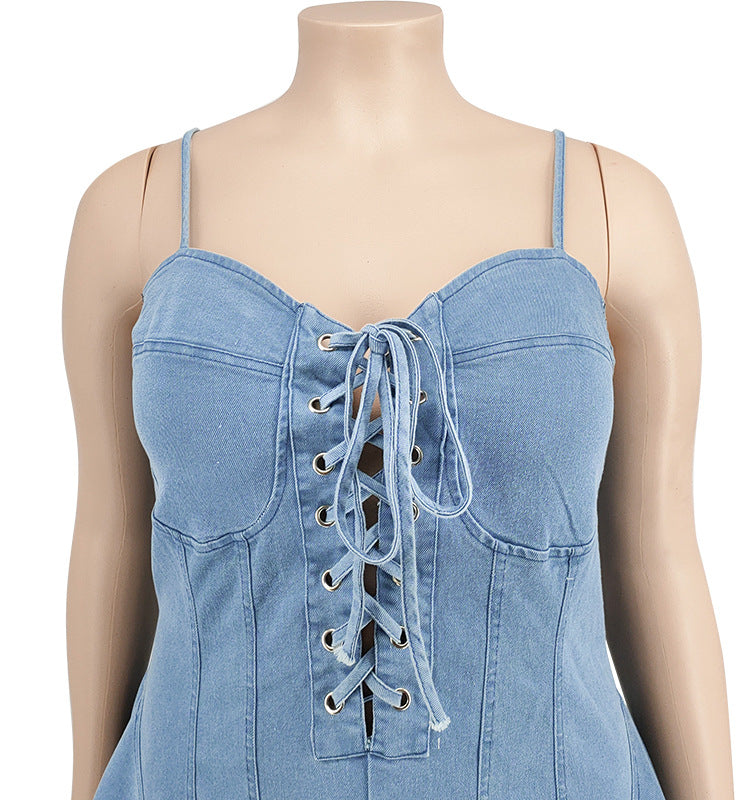 flowersverse Plus Size Women's Spring Sexy Sleeveless Denim Dress
