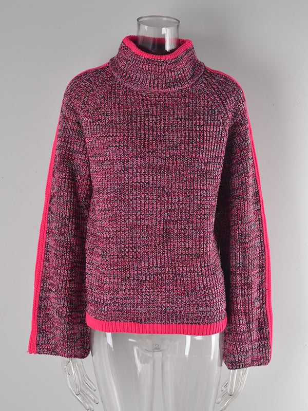 flowersverse Casual Long Sleeves Loose Contrast Color Half Turtleneck Sweater Tops