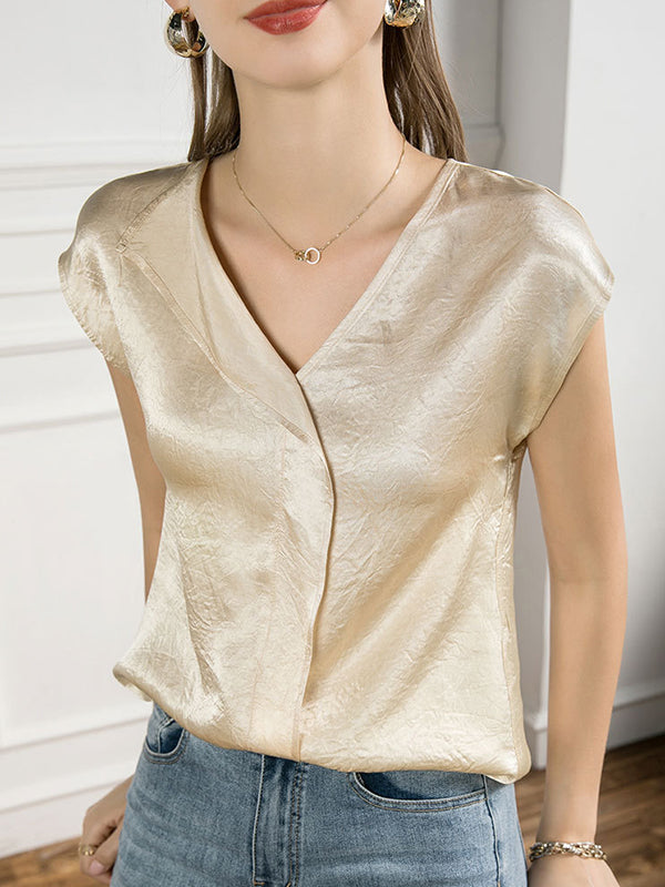flowersverse Casual Sleeveless Loose Solid Color Polo Blouses Tops