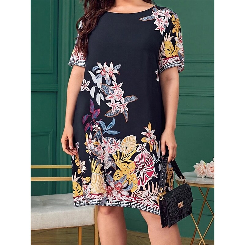 flowersverse Women's Plus Size Casual Dress Shift Dress Leaf Floral Midi Dress Short Sleeve Print Crew Neck Fashion Daily Navy Blue Summer Spring L XL XXL 3XL 4XL