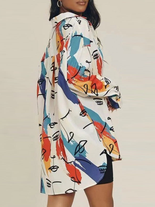 flowersverse Buttoned Figure Printed Split-Side High-Low Long Sleeves Lapel Blouses&Shirts Tops