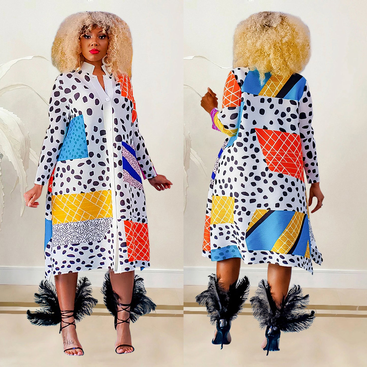 flowersverse Fashion Ladies Printed Long Sleeve Button Up Maxi Dress
