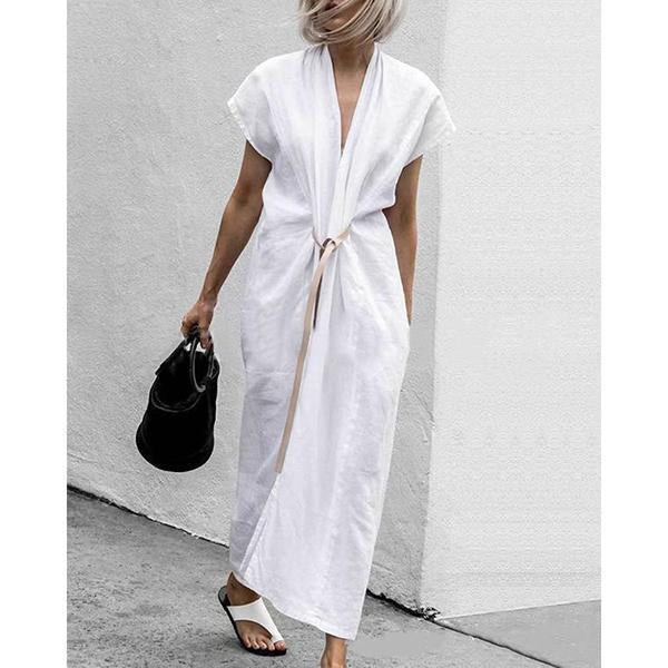 flowersverse Solid V-Neck Split with Belt Plus Size Dress White Dresses