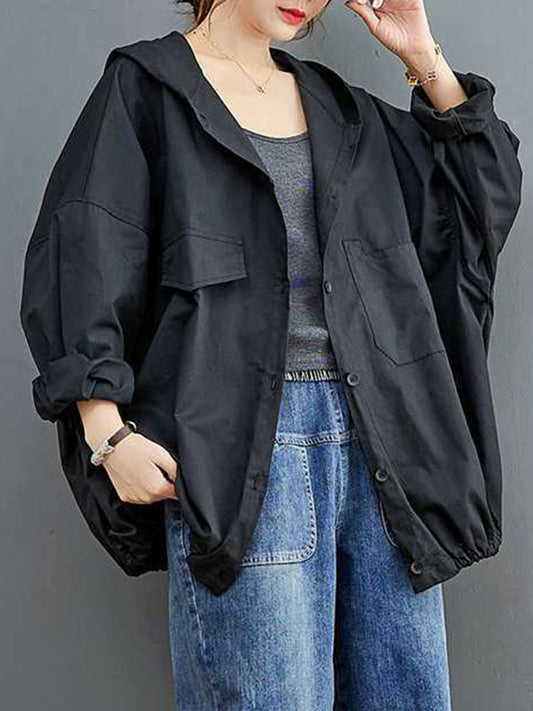 flowersverse Buttoned Pleated Pockets Solid Color Long Sleeves Loose Hooded Trench Coats Outerwear