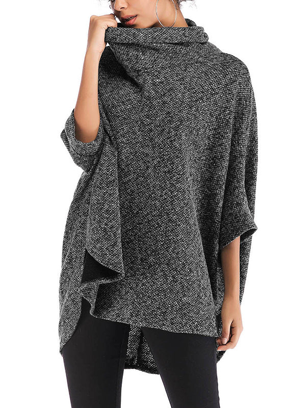 flowersverse Solid Color Batwing Sleeves High-Low High Neck Sweater Tops Pullovers Knitwear