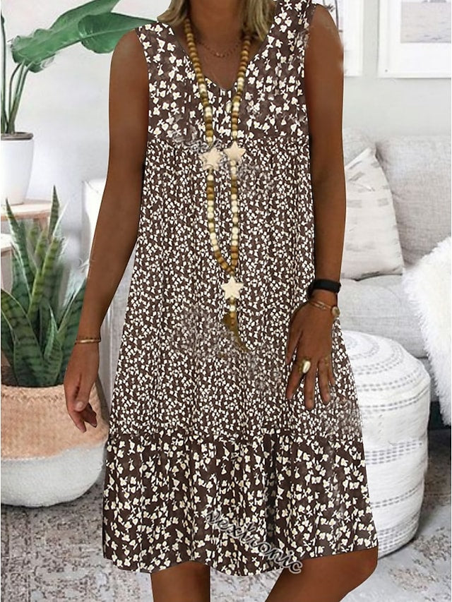 flowersverse Women's Casual Dress Shift Dress Midi Dress Brown Sleeveless Floral Print Spring Summer V Neck Basic Daily Weekend 2023 S M L XL XXL 3XL