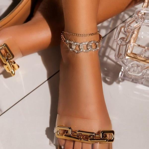 flowersverse Summer Fashion Women Flat Casual Slippers Square Toe Chain Sandals