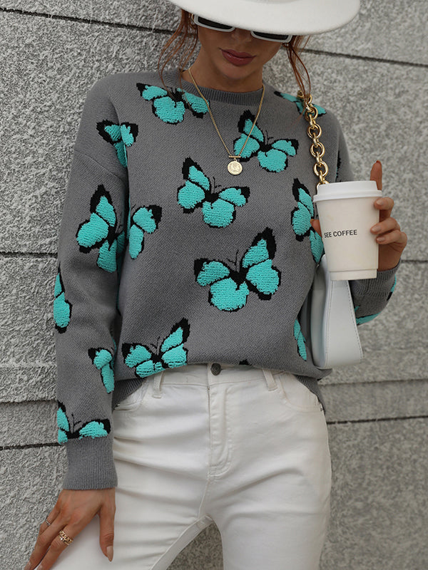 flowersverse Original Long Sleeves Loose Butterfly Print Contrast Color Round-Neck Sweater Tops