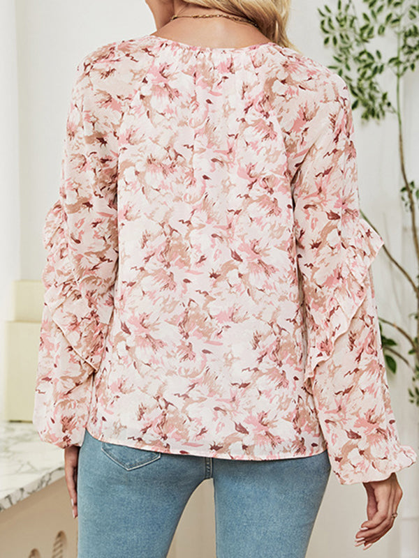 flowersverse Flower Print Tied Long Sleeves Loose V-Neck Blouses&Shirts Tops