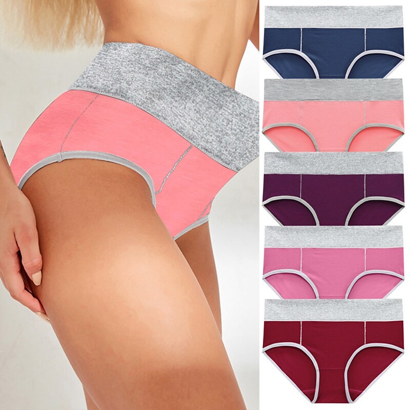 flowersverse Women's Plus Size Basic Vacation Pure Color Shaping Panty Stretchy High Waist Cotton 5 Pieces Green M