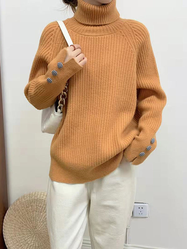 flowersverse Casual Loose Long Sleeves Solid Color High-Neck Sweater Tops