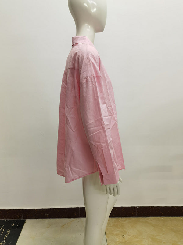 flowersverse Buttoned Solid Color Long Sleeves Loose Lapel Blouses&Shirts Tops