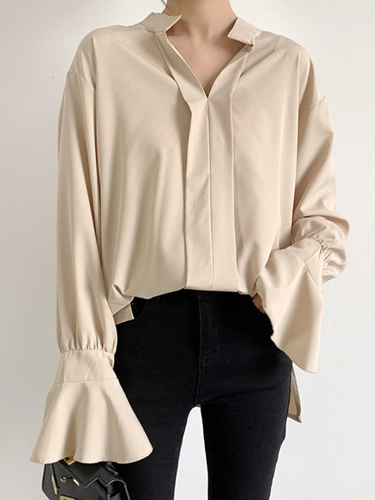 flowersverse Solid Color Flared Sleeves High-low V-neck Blouses&shirts Tops