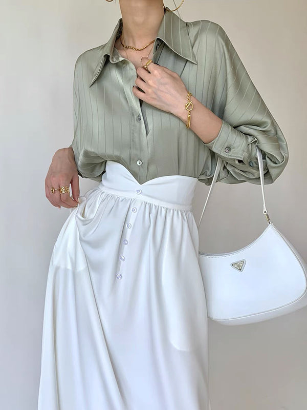 flowersverse Solid Color Striped Long Sleeves Loose Lapel Blouses&shirts Tops