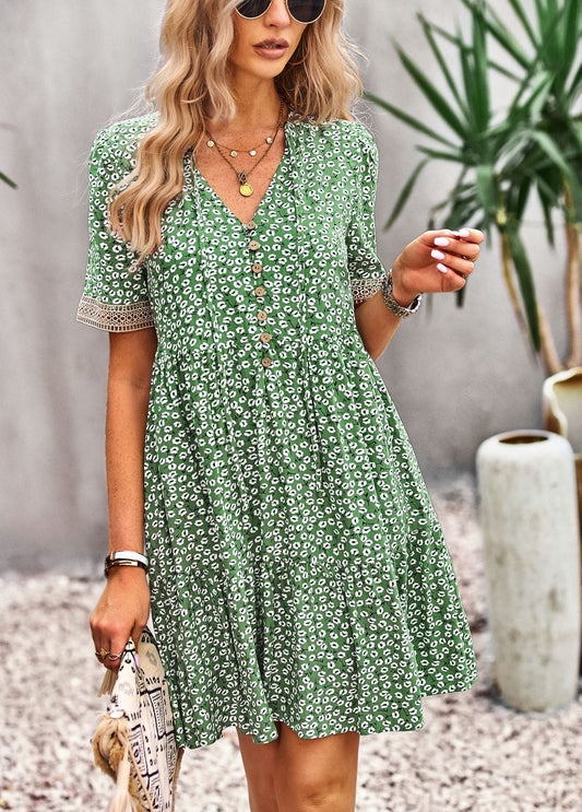 flowersverse Floral Buttoned Puff Sleeve Dress