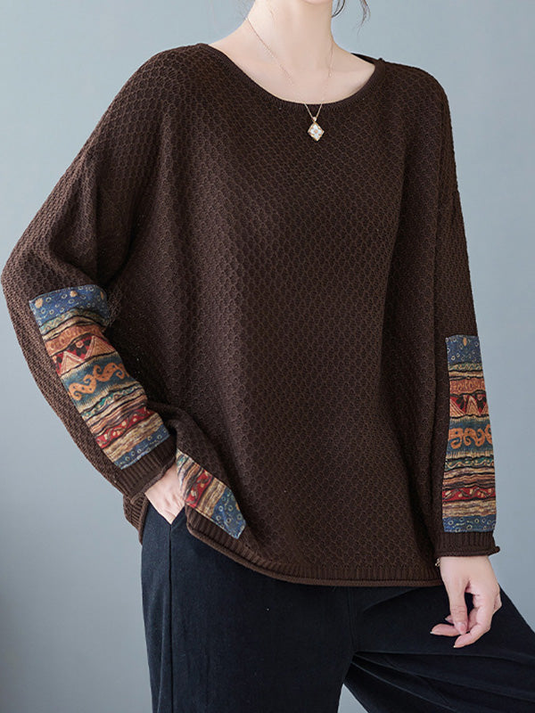 flowersverse Printed Split-Joint Long Sleeves Loose Round-Neck Sweater Tops Pullovers