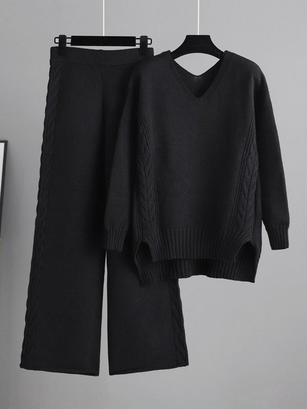flowersverse Urban Loose Solid Color V-Neck Sweater Tops& Wide Leg Pants Suits