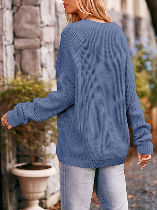 flowersverse Hollow Pockets Solid Color Batwing Sleeves Long Sleeves Round-Neck Sweater Tops Pullovers Knitwear