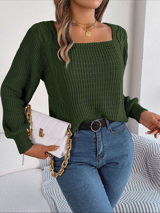 flowersverse Solid Color Long Sleeves Loose Square-Neck Sweater Tops Pullovers