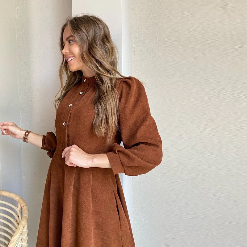 flowersverse Fashionkova Casual O-Neck Button Folds Midi Dress Autumn Lantern Sleeve Corduroy Loose Office Lady A-Line Dresses For Women