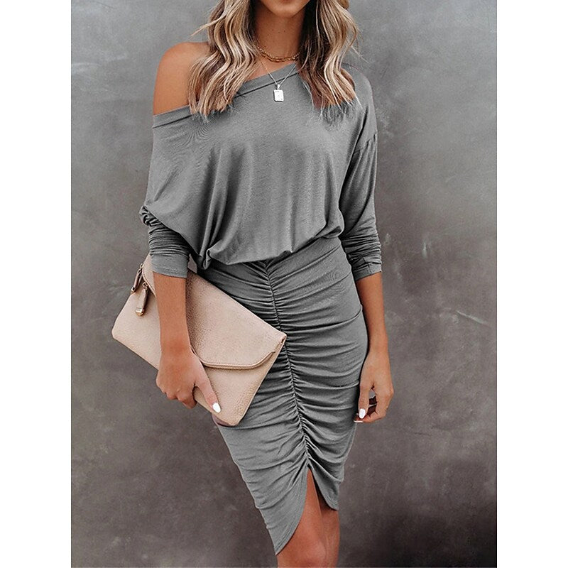 flowersverse Women's Work Dress Sheath Dress Semi Formal Dress Formal Mini Dress Ruched Crew Neck Long Sleeve Plain Loose Fit Black Pink Blue Fall Spring S M L XL XXL