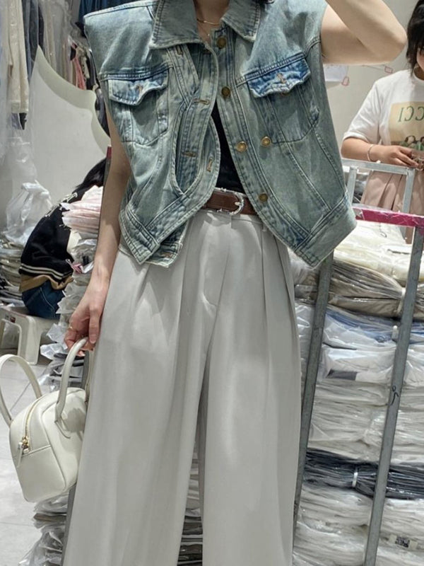 flowersverse Asymmetric Buttoned Pockets Split-Joint Loose Sleeveless Lapel Collar Vest Outerwear