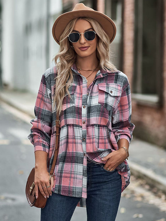 flowersverse Vintage Loose Checkered Lapel Blouses&Shirts Tops