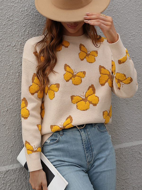 flowersverse Original Long Sleeves Loose Butterfly Print Contrast Color Round-Neck Sweater Tops