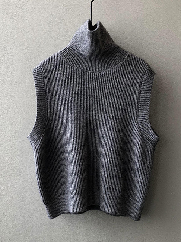 flowersverse Casual Loose Sleeveless Solid Color High-Neck Sweater Vest Outerwear