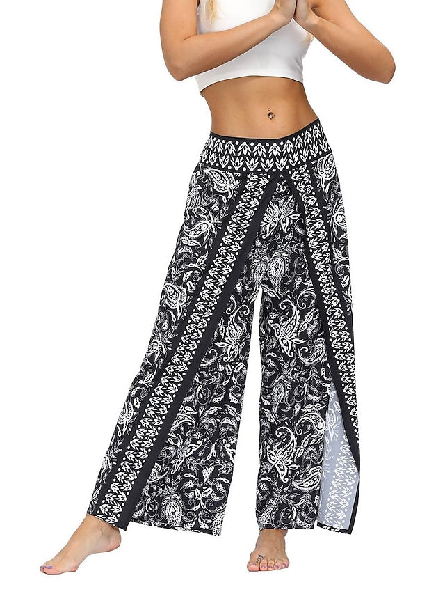 flowersverse Women's Harem Wide Leg Pants Trousers Light gray Gray Black High Waist Basic Boho Gym Yoga Layered High Cut Micro-elastic Full Length Comfort Pattern S L / Drop Crotch / Plus Size / Loose Fit / Print