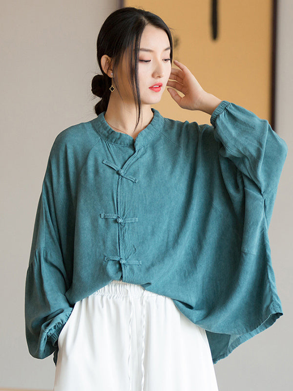 flowersverse Artistic Retro Loose Long Sleeves Buttoned Solid Color Stand Collar Blouses&Shirts Tops