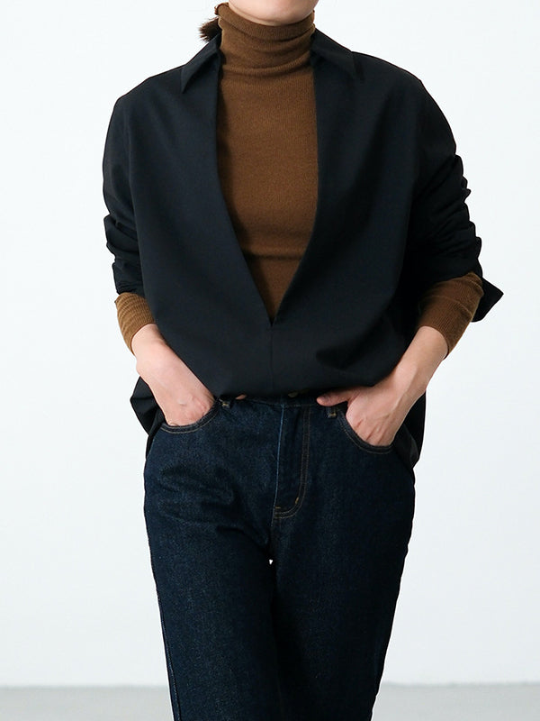 flowersverse Solid Color Long Sleeves Loose Deep V-Neck Blouses&Shirts Tops