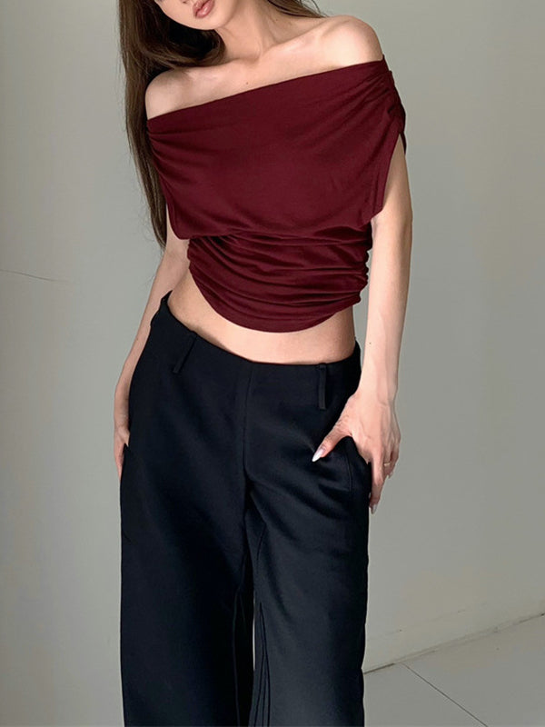 flowersverse Pleated Solid Color Tied Short Sleeves Off-The-Shoulder Blouses&Shirts Tops