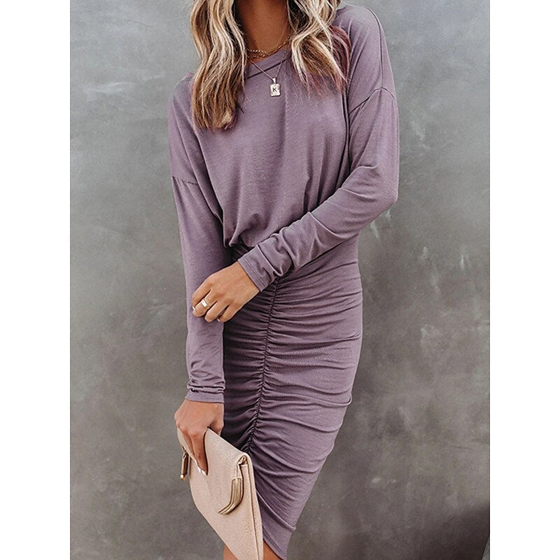 flowersverse Women's Work Dress Sheath Dress Semi Formal Dress Formal Mini Dress Ruched Crew Neck Long Sleeve Plain Loose Fit Black Pink Blue Fall Spring S M L XL XXL