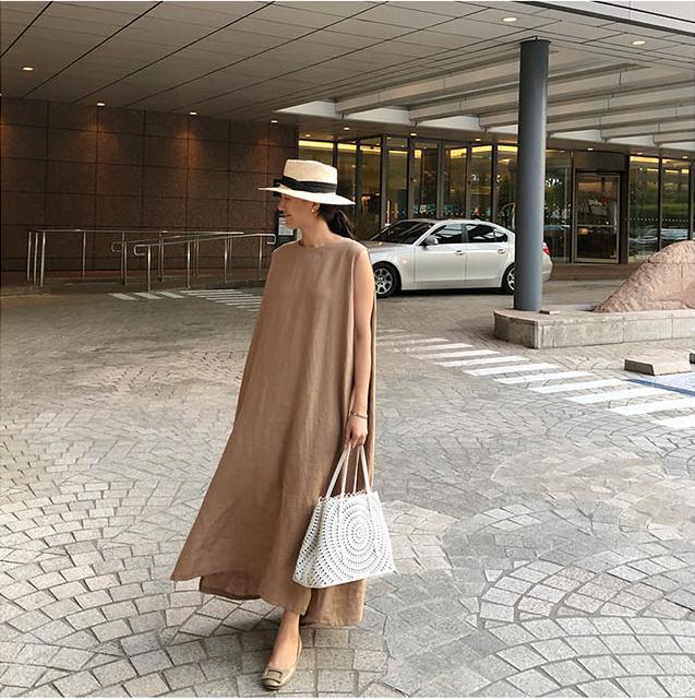 flowersverse Loose Cotton Vest Dress New Round Neck Sleeveless Long Dress Linen