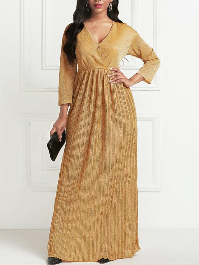 flowersverse Women's Maxi Long Dress Gold 3/4 Length Sleeve Pleated Summer V Neck Hot Formal