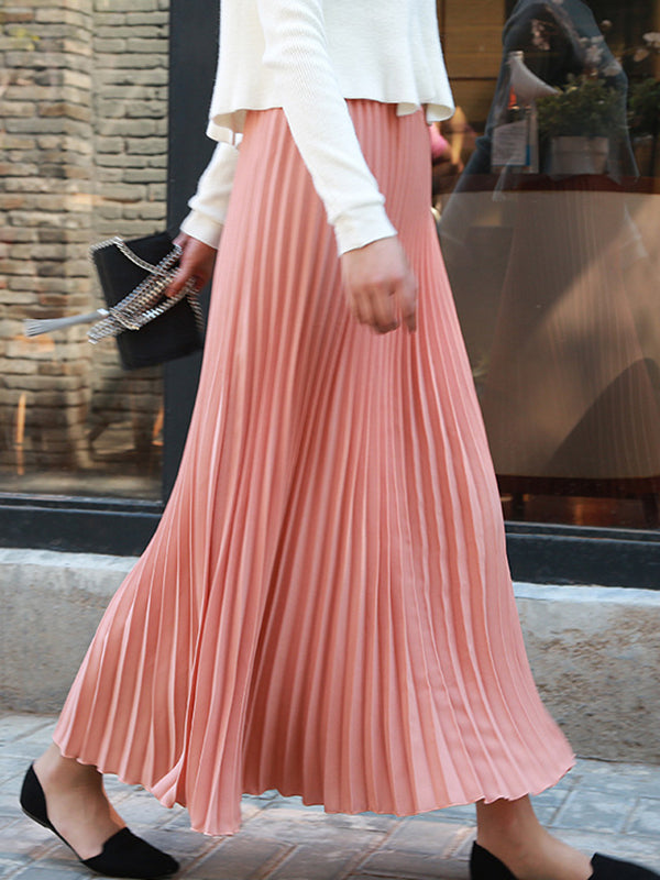 flowersverse Stylish Pleated Solid Color Elastic Waist Skirts